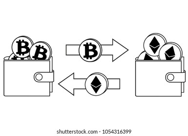 exchange between bitcoin and ethereum in the wallet,crypto-currensy concept black and white