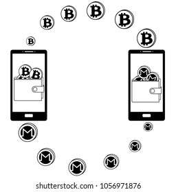 exchange between bitcoin and Monero in the phone, crypto-currency concept black and white, mobile bank