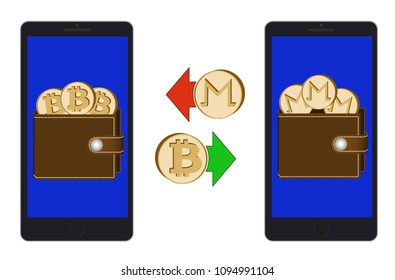 exchange between bitcoin and monero in the phone on a white background , exchange cryptocurrency in the wallet , design concept color