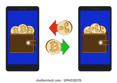 exchange between bitcoin and ripple in the phone on a white background , exchange cryptocurrency in the wallet , design concept color