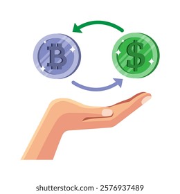 Exchange between cryptocurrency and fiat currency illustrated by hand gesture