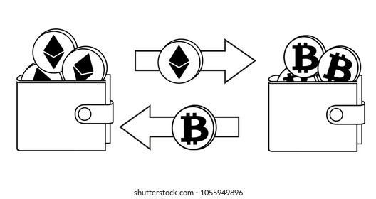 exchange between ethereum and bitcoin in the wallet,crypto-currensy concept black and white