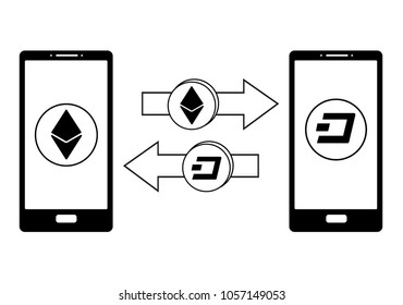 exchange between Ethereum and Dash in the phone, crypto-currency exchange concept black and white