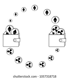 exchange between ethereum and ripple in the wallet,crypto-currency concept black and white