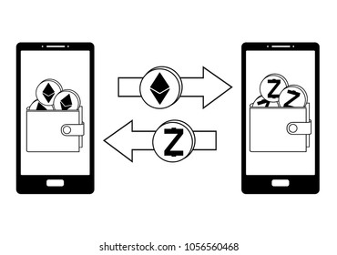 exchange between ethereum and zcash in the phone,crypto-currensy concept black and white, mobile bank