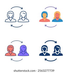 Exchange between two people icon set in flat and line style. Communication, data exchange, replacement. Vector illustration