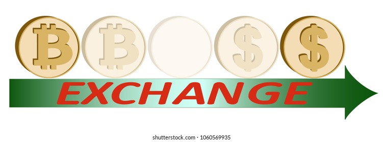 exchange bitcoin coin to dollar design concept , coins bitcoin and dollar under green arrow with word exchange ,icon and simbol currensy design on a white background