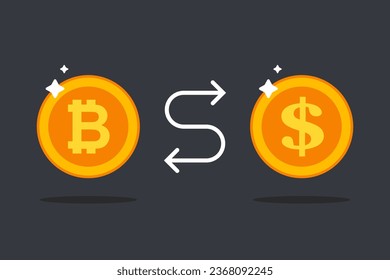 exchange bitcoin for dollar. Golden coins. flat vector illustration.