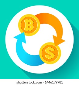 Exchange bitcoin to dollar icon, usd and btc symbols, cryptocurrency mining, blockchain technology, vector illustration
