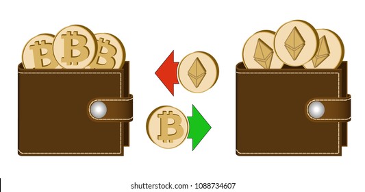 exchange bitcoin to ethereum between wallets on a white background , exchange cryptocurrency in the wallet , design concept color