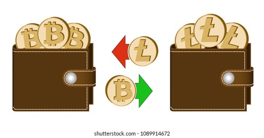 exchange bitcoin to litecoin between wallets on a white background , exchange cryptocurrency in the wallet , design concept color