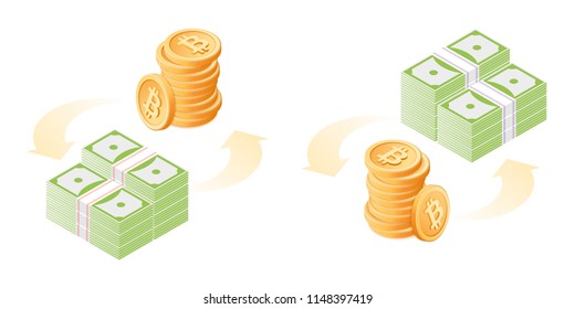 The exchange of bitcoins to dollars. The currency conversion process. Flat vector isometric illustration of bit coins stack and paper dollars pile. The money, business, banking, finance concept.