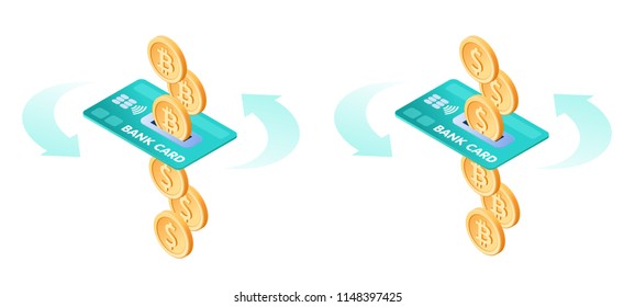 The exchange of bitcoins to dollars. The currency conversion process. Flat vector isometric illustration of bit coins, metal dollars, bank card. The banking via credit card, money, business concept.