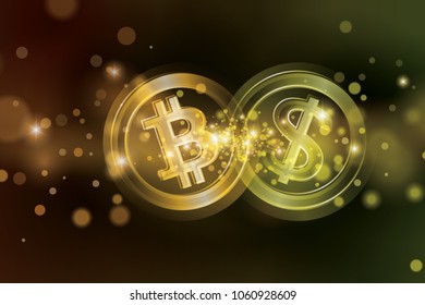 Exchange bitcoins for USD. BTC/USD. Bitcoin sale for dollars. Bitcoin sale rate. Bitcoin and dollar coin on blurred background. Blockchain and cryptocurrency economy vector illustration.