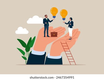 Intercambio de ideas de bombilla de luz empresarial. Intercambiar ideas desde la lluvia de ideas, el conocimiento, la creatividad y la innovación. Ilustración vectorial plana.