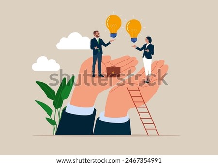 Exchange business lightbulb ideas. Exchange idea from brainstorm, knowledge, creativity and innovation. Flat vector illustration.