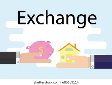 Exchange, By a piggy bank with money exchanged with a house. Flat illustration.