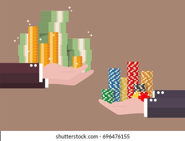 Exchange of cash money and casino chips. Vector illustration