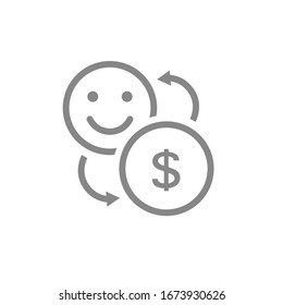 Exchange a coin for a happy face line icon. Happiness on money, positive feedback symbol