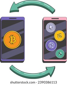 Exchange of cryptocurrency coins on online exchanges. Vector illustration in retro style
