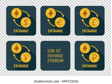 Exchange cryptocurrency Ethereum vector icons on a dark background with long shadows