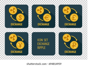 Exchange cryptocurrency Ripple vector icons on a dark background with arrows and long shadows
