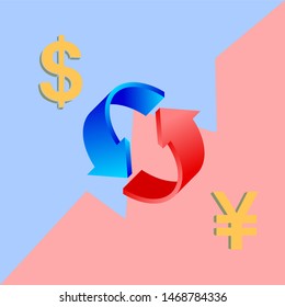 Exchange currency between US dollar to RMB yuan. Symbol about trade war between America with China country.