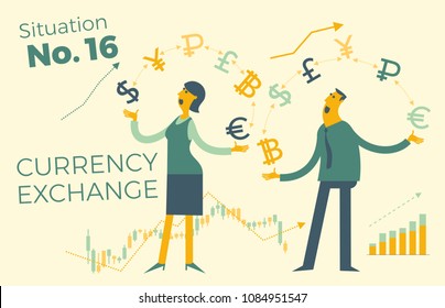 Exchange of currency. Business infographics with illustrations of business situations.  Illustration of a cheerful businesswoman juggling with currency and money. Exchange rate. For presentations.