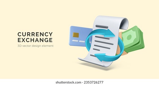 Exchange currency concept. Cash replenishment of bank account. Paper bill with arrows and credit card and dollars. Manage money. Vector illustration