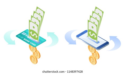 The exchange, currency conversion of bitcoins to dollars. Flat vector isometric illustration of bit coins, dollars, bank card, smart phone. The mobile banking via credit card and smartphone concept.