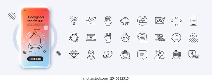 Exchange currency, Divorce lawyer and Teamwork line icons for web app. Phone mockup gradient screen. Pack of Diamond, Like hand, Inspiration pictogram icons. Website education, Info, Ssd signs. Vector