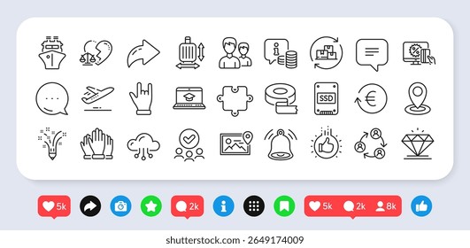 Exchange currency, Divorce lawyer and Teamwork line icons pack. Social media: share, comment, like icons. Diamond, Like hand, Inspiration web icon. Website education, Info, Ssd pictogram. Vector