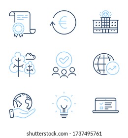 Exchange currency, Energy and Hospital building line icons set. Diploma certificate, save planet, group of people. Web lectures, World statistics and Tree signs. Vector