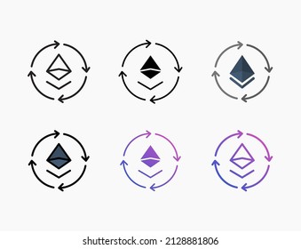 Exchange Currency Ethereum icon set with line, outline, flat, filled, glyph, color, gradient. Editable stroke and pixel perfect. Can be used for digital product, presentation, print design and more.