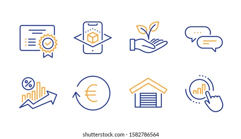 Exchange currency, Parking garage and Helping hand line icons set. Certificate, Loan percent and Dots message signs. Augmented reality, Graph chart symbols. Reshresh exchange rate, Car place. Vector
