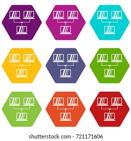 Exchange of data between computers icon set many color hexahedron isolated on white vector illustration