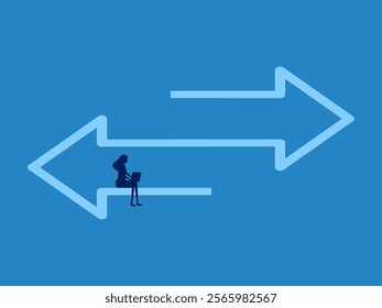 Exchange, different individual approaches, businesswoman on two way arrow icon