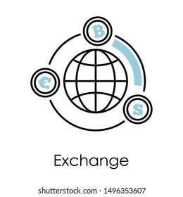 Exchange, digital money and payment, cryptocurrency and cash, coins isolated outline icon vector. Accounting and business, finance and banking. Dollar and euro or bitcoin, fund, financial productivity