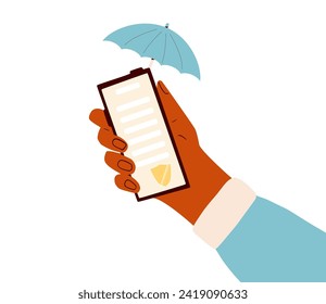 Exchange of documents with secured system technological platform. Online mobile signing confidentiality contract. Hand with phone and umbrella and business paper sign. Vector illustration