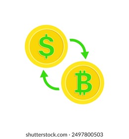The exchange of dollar to bitcoin. Currency conversion. Buying or selling cryptocurrency, vector illustration