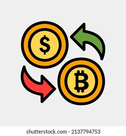 Icono de dólar de Exchange y bitcoin en el estilo de línea rellena sobre moneda, uso para presentación de aplicación móvil del sitio web