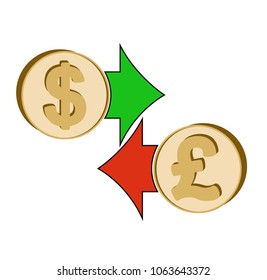 exchange dollar to british pound. design concept. coins dollar and british pound with green and red arrow. icon and symbol currency design on a white background