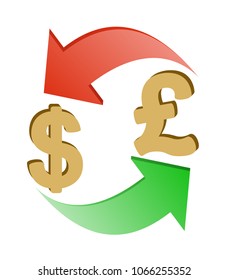 exchange dollar to british pound , design concept ,  signs dollar and british pound with green and red arrow , icon and symbol currency design on a white background