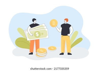 Exchange of dollar currency for bitcoins between tiny people. Male characters holding money for transaction flat vector illustration. Trade concept for banner, website design or landing web page