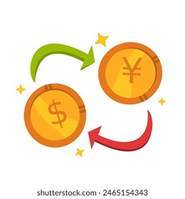 Ilustración de cambio de dólar a yen adecuada para conceptos financieros, presupuestos, inversiones, planificación de negocios, ilustraciones de gestión de dinero