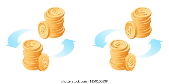 El cambio de euros a dólares. Proceso de conversión de moneda. Ilustración isométrica plana vectorial de la pila de monedas en euros y la pila de dólares. El concepto de dinero, negocios, banca en línea, transacción.