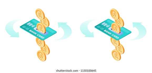 The exchange of euros to dollars. The currency conversion process. Flat vector isometric illustration of euro coins, metal dollars, bank card. The banking via credit card, money, business concept.