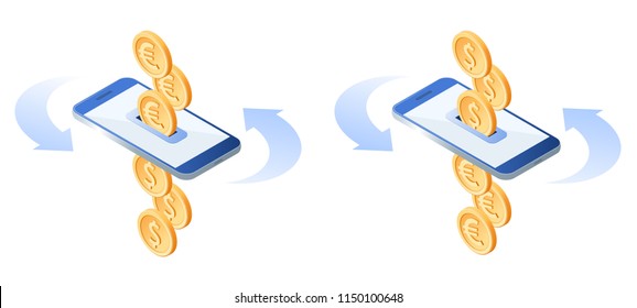 The exchange of euros to dollars. The currency conversion process. Flat vector isometric illustration of euro coins, metal dollars, smart phone. The mobile banking, money, business, transfer concept.