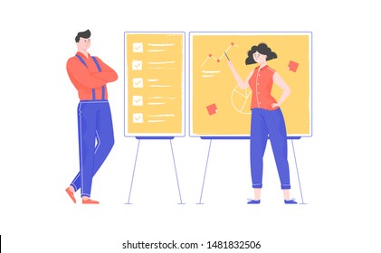 Exchange of experience, working negotiations, discussion of the plan, a woman with a pointer in her hands shows on a demo board, checklist and task management, cartoon character, flat vector illustrat