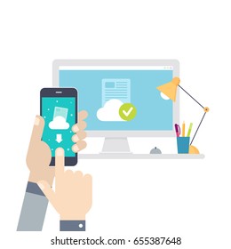 Exchange files between your computer and your phone. Could representing syncing files between devices. flat style vector illustration